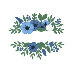 Simple Hand drawn Floral Frame with Blue Flower and Green Leaf Decoration