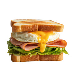 Delicious ham and fried egg sandwich with melted cheese and lettuce isolated on transparent background