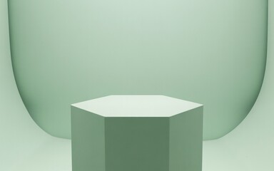 Fototapeta premium Minimalist Hexagonal Pedestal with Soft Green Backdrop and Curved Lines
