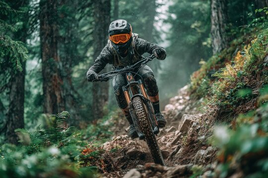 A mountain biker wearing full gear rides through a dense forest on a rocky trail, showcasing intense focus and skill in an adventurous outdoor setting. - Powered by Adobe
