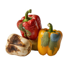 Rotten red yellow bell peppers and spoiled vegetable isolated on transparent background