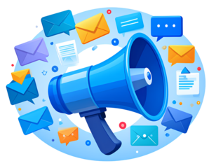  Blue Megaphone with Communication Icons  Transparent PNG