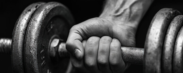 Strength training with dumbbells, focused grip at the gym during evening workout session