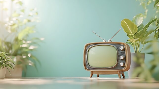 Vintage television set on a wooden surface surrounded by plants.
