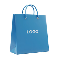 A Light Blue Shopping Bag with Handles and a White Logo on a Black Background