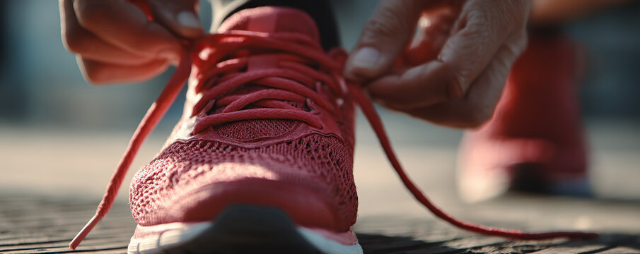 Lacing up red running shoes before morning jog in urban park setting - Powered by Adobe