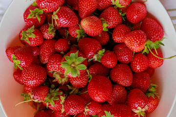 Fresh sweet strawberries in a white bowl on a white background. Seasonal berries.