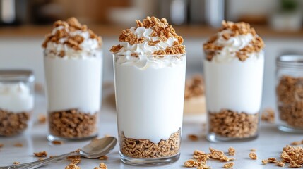 Three glasses of creamy dessert topped with granola.