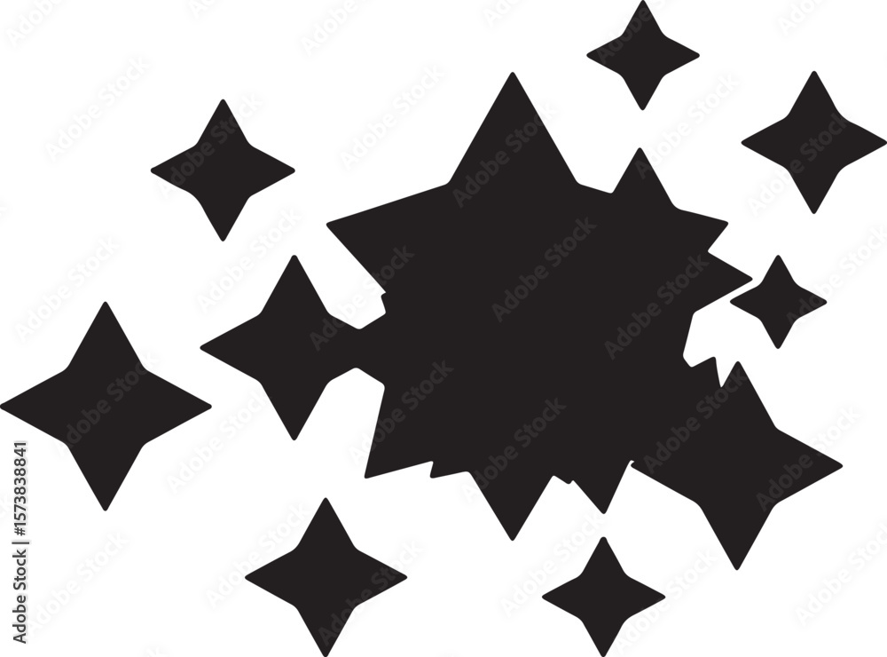 Poster abstract black shapes and stars create a dynamic composition against a white backdrop.