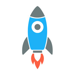 Vector icon, colored rocket sign, flying spaceship in cartoon style and flat design isolated on transparent background.