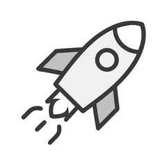 Vector icon, colored rocket sign, flying spaceship in cartoon style and flat design isolated on transparent background.