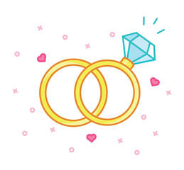 Wedding rings icon. Wedding, family, love and fidelity concept. Gold jewelry with diamond.