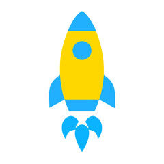 Vector icon, colored rocket sign, flying spaceship in cartoon style and flat design isolated on transparent background.