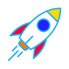 Vector icon, colored rocket sign, flying spaceship in cartoon style and flat design isolated on transparent background.