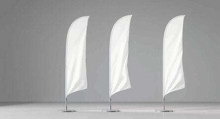 Three Tall White Flags on Display in Minimalist Setting with Gray Background