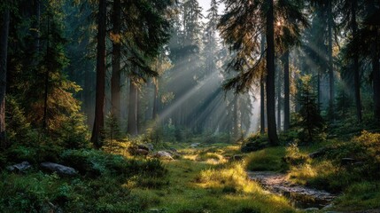 Fototapeta premium Sunlight streams through tall pine trees, illuminating a serene forest floor with lush greenery and a winding path.