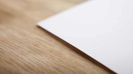 A blank notecard placed on a wooden desk with soft diffused lighting and shallow focus.