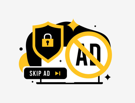 Ad blocker concept with shield, skip ad icon, padlock and forbidden sign highlights online privacy. Digital safety and tracking protection powered by smart ad blocker. Modern flat vector illustration