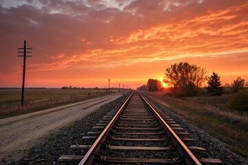 Railroad Tracks Vanishing into Sunset Light on White Background