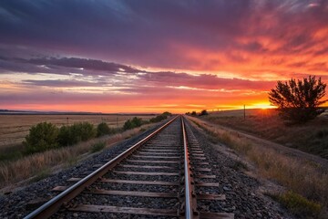 Fototapeta premium Railroad Tracks Vanishing into Sunset Light on White Background