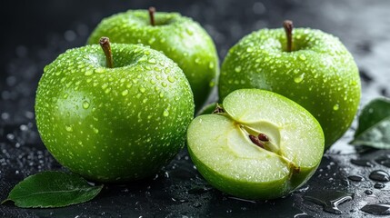 Three ripe green apples with water droplets, one sliced, on dark background.