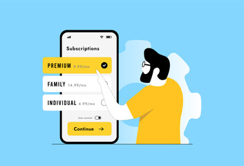 Subscription management UI with premium plan selected on mobile screen, showing credit card payment, pricing options and purchase button. Fintech app subscription management interface illustration