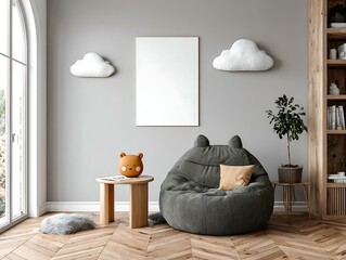 Modern children's room with a calming blue and white color block wall, featuring whimsical bear-shaped wall decor and cloud-shaped shelves holding plush toys Contemporary Children's Spaces Playful 