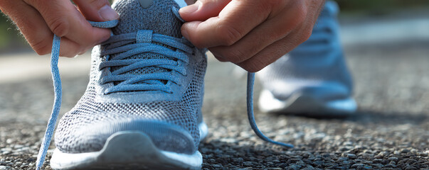 Person tying shoelaces on sports shoes while preparing for a run in a park during daylight