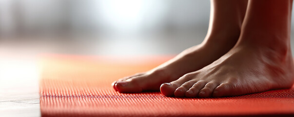 Practicing yoga with bare feet on an orange mat in a bright indoor space during a calm morning session
