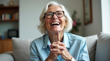 Overjoyed Senior Woman with White Hair and Stylish Glasses Laughing Uncontrollably in a Bright Home Setting.