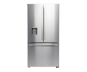 A modern stainless steel refrigerator, designed for efficient food storage, is isolated on a clean transparent background