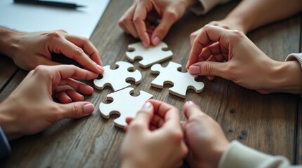 Multiple Hands Collaborating to Connect White Puzzle Pieces on a Wooden Table, Symbolizing Teamwork and Problem-Solving.