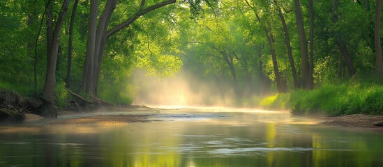 Obraz premium Tranquil river scene with morning mist and sunbeams through lush greenery