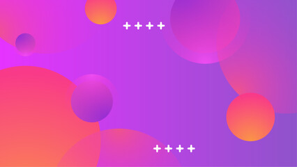 Overlapping colorful circles and plus signs on a purple background. Suitable for abstract backgrounds, graphic designs, geometric illustrations, and web graphics.