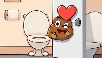 Cute poop emoji character knocking on a toilet door, funny and kid-friendly cartoon illustration 2