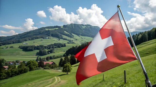 Swiss Flag Waving Over Picturesque Alpine Valley