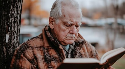 Obraz premium Elderly man engrossed in reading outdoors.