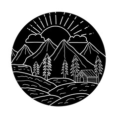 Hand drawn mountain landscape with circular cabin vector art