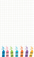 fondo vertical de hoja cuadriculada con crayones de colores en la parte inferior