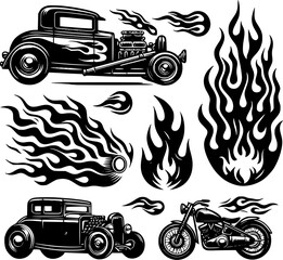 Silhouettes. Vintage hot rods and flames. Vector illustration, EPS 10 version.