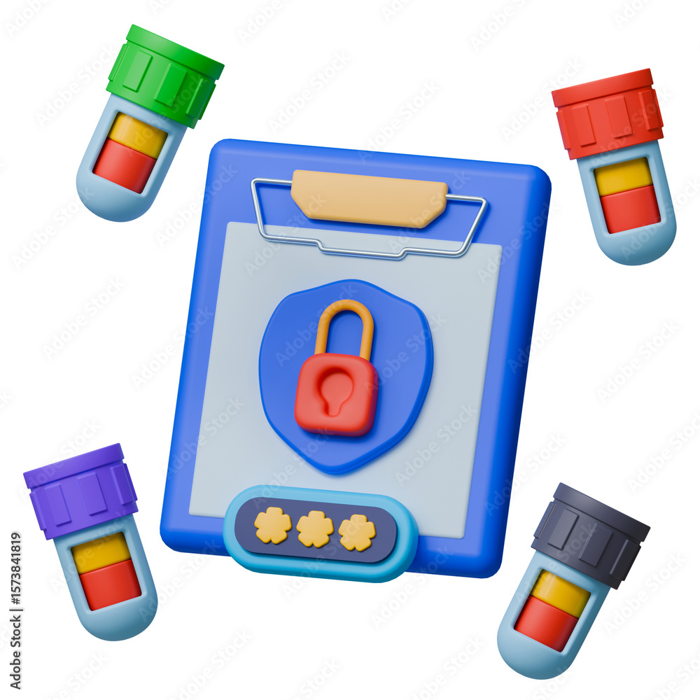 Poster medical lab result 3d illustration. locked clipboard symbolizing secure access to laboratory test re