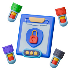 Medical lab result 3d illustration. Locked clipboard symbolizing secure access to laboratory test results, surrounded by colorful blood collection tubes and a passcode indicator.
