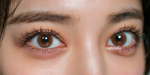 Obraz premium Closeup of brown Asian female eyes with long lashes and perfect eyeliner showing makeup beauty skincare contact lens and cosmetic eye detail