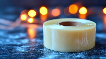 Transparent adhesive tape roll on dark surface with bokeh lights.