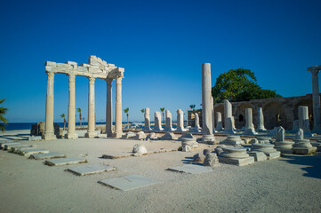 The Temple of Apollo in Side, Turkey (Turkiye). The Temple of Apollo is a Roman temple built around...