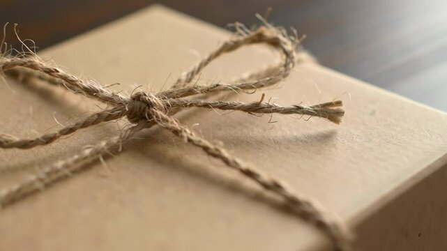 Close-up of brown paper package tied with rustic twine and bow.