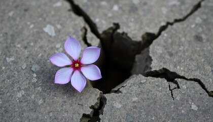 Delicate pink flower blooming from a deep crack in a weathered stone surface, high contrast between fragility and strength 2