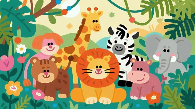 Adorable Cartoon Safari Animals: Giraffe, Lion, Zebra, Elephant, Hippo, Tiger