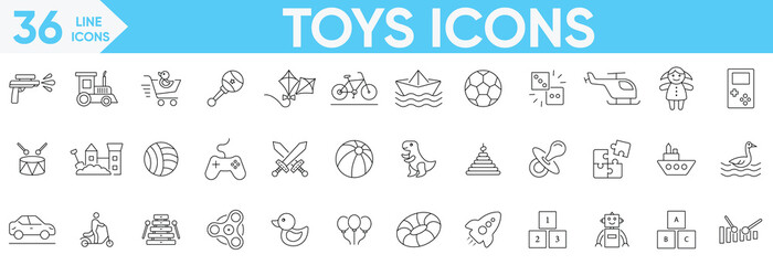 Toys icon set.Robot, bike, game controller, ball, Toy car, Bell, Gun, Spinning Tops, Foot ball, Baloon, puzzle, doll, toy train, scooter and more.Vector and illustrator set.