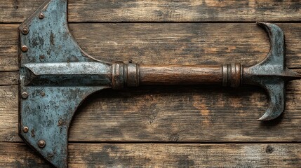 Top view of a weathered, antique battle-axe with a wooden handle on a rustic wooden surface.